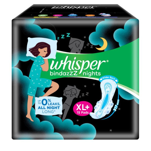 Whisper Bindazzz Nights Heavy Flow Sanitary Pads for Women, XL+ 15 Napkins
